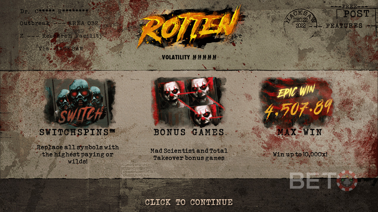 Наслаждайтесь SwitchSpins, бесплатными вращениями и другими возможностями в слоте Rotten от Hacksaw Gaming