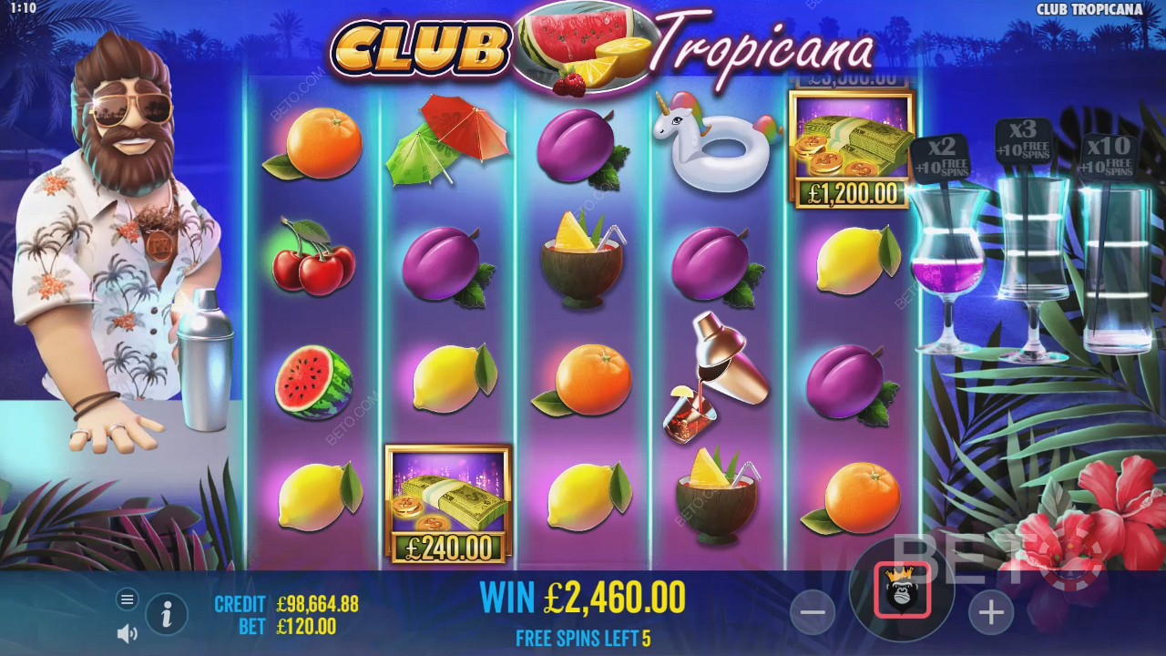 Получите возможность собирать символы денег во время бесплатных вращений в слоте Club Tropicana