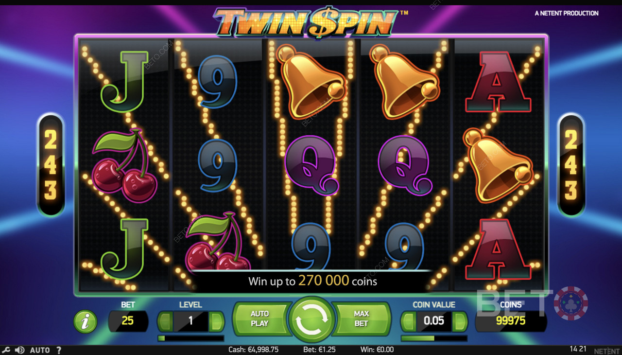 Twin Spin - простой игровой процесс с такими символами, как колокольчики, вишни и другие символы