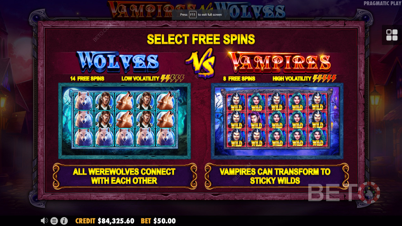 Двойные бонусные раунды с бесплатными спинами в игре "Вампиры против волков