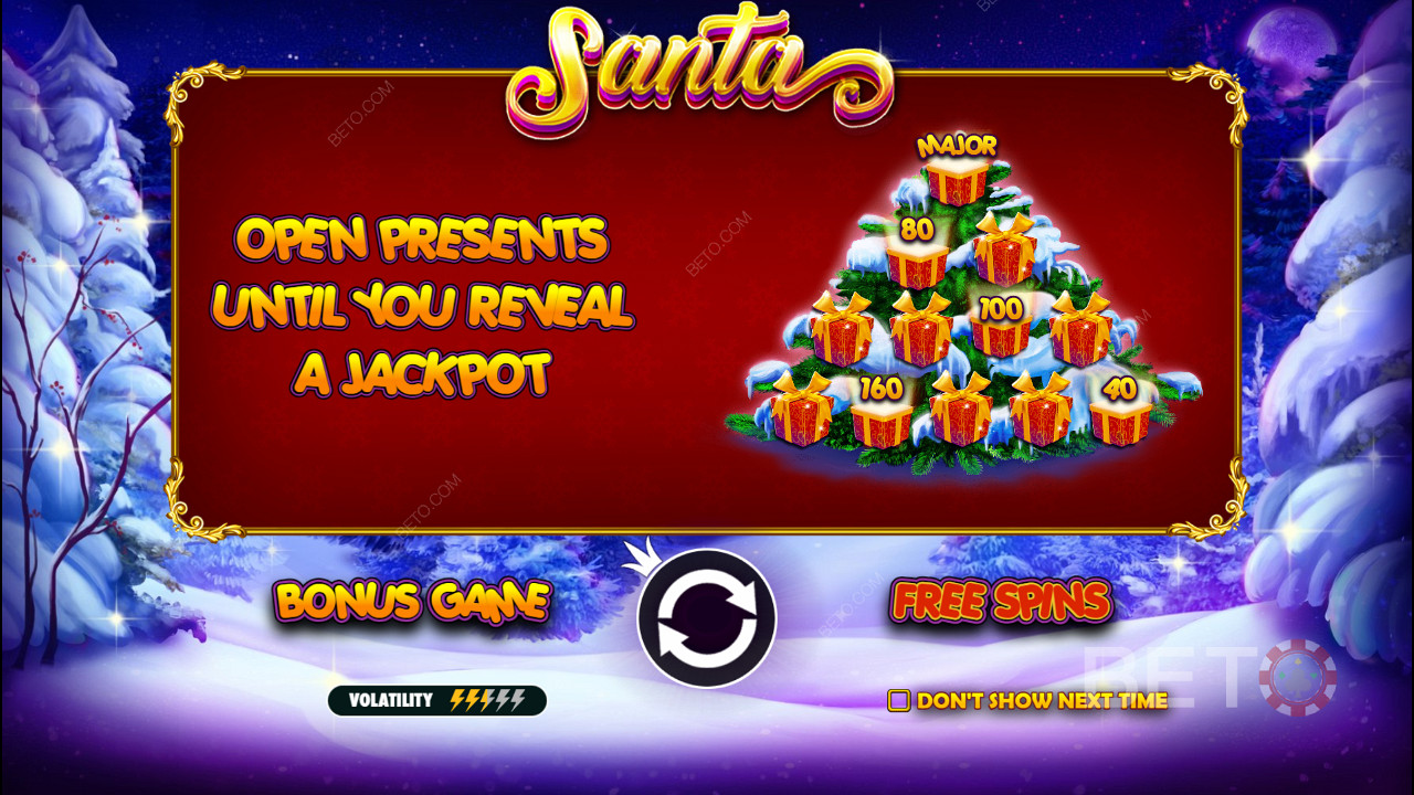 В бонусной игре есть денежные призы и джекпоты в онлайн слоте Santa