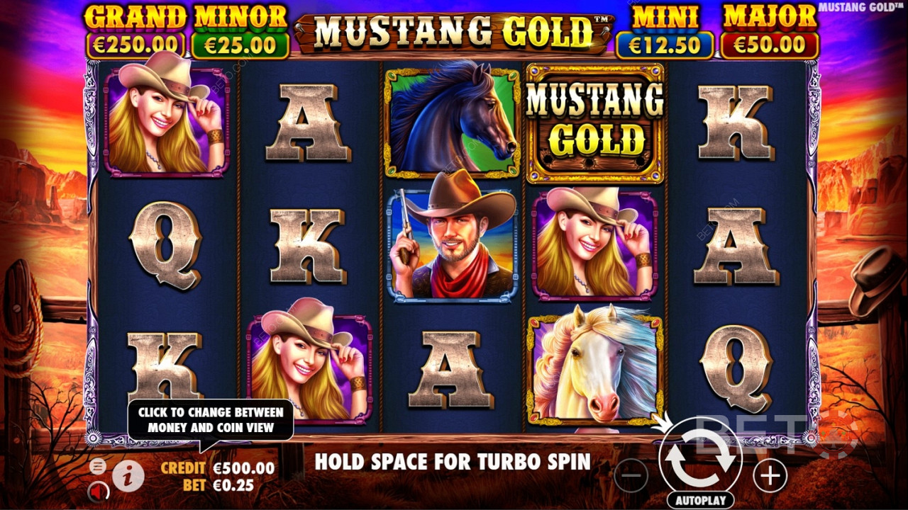 Диким символом является логотип игры в онлайн слоте Mustang Gold.