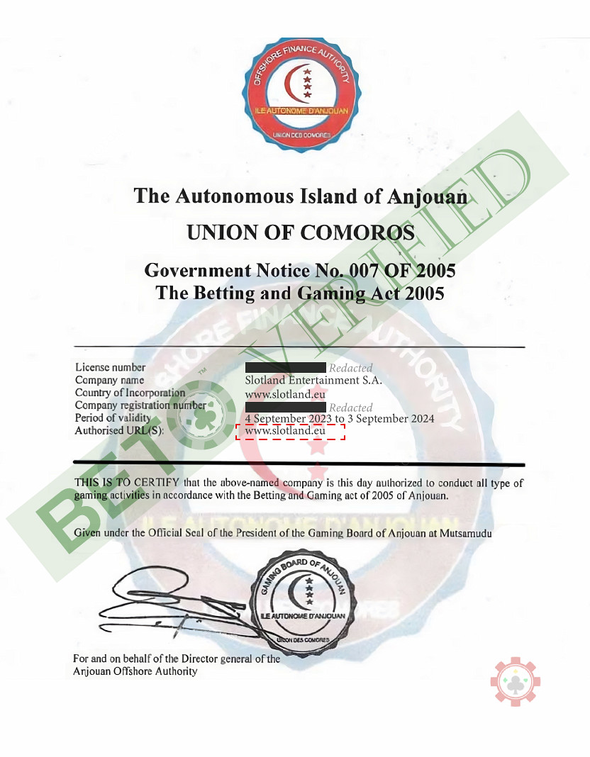 Слотландия имеет лицензию Союза Коморских островов, подтвержденную BETO