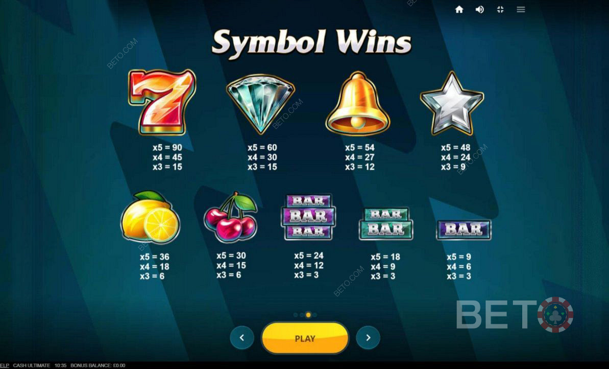 Различные комбинации символов в игре Cash Ultimate