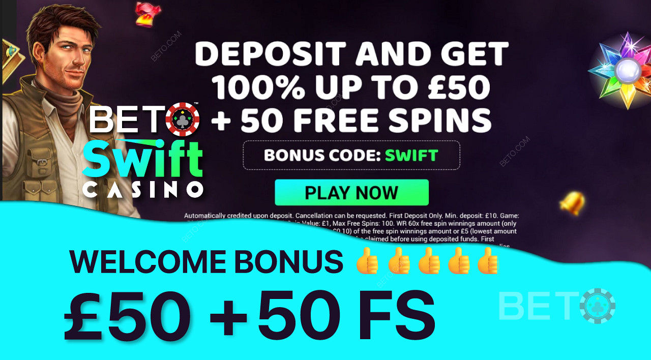 Получите 100% бонус до £50 и 50 бесплатных вращений в качестве приветственного бонуса