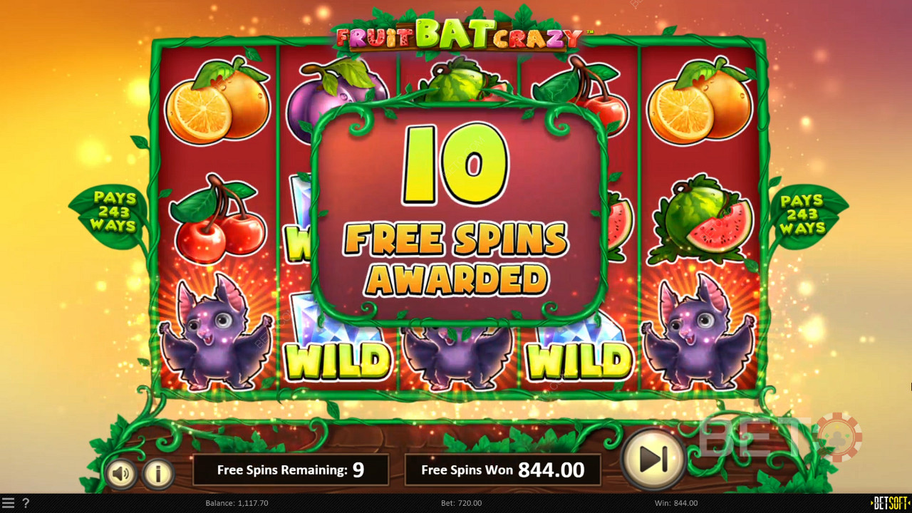 Выигрыш 10 бесплатных вращений в игре Fruit Bat Crazy
