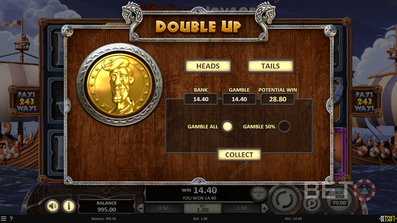 Попробуйте функцию Double Up, чтобы удвоить свои выигрыши в игровом автомате Viking Voyage