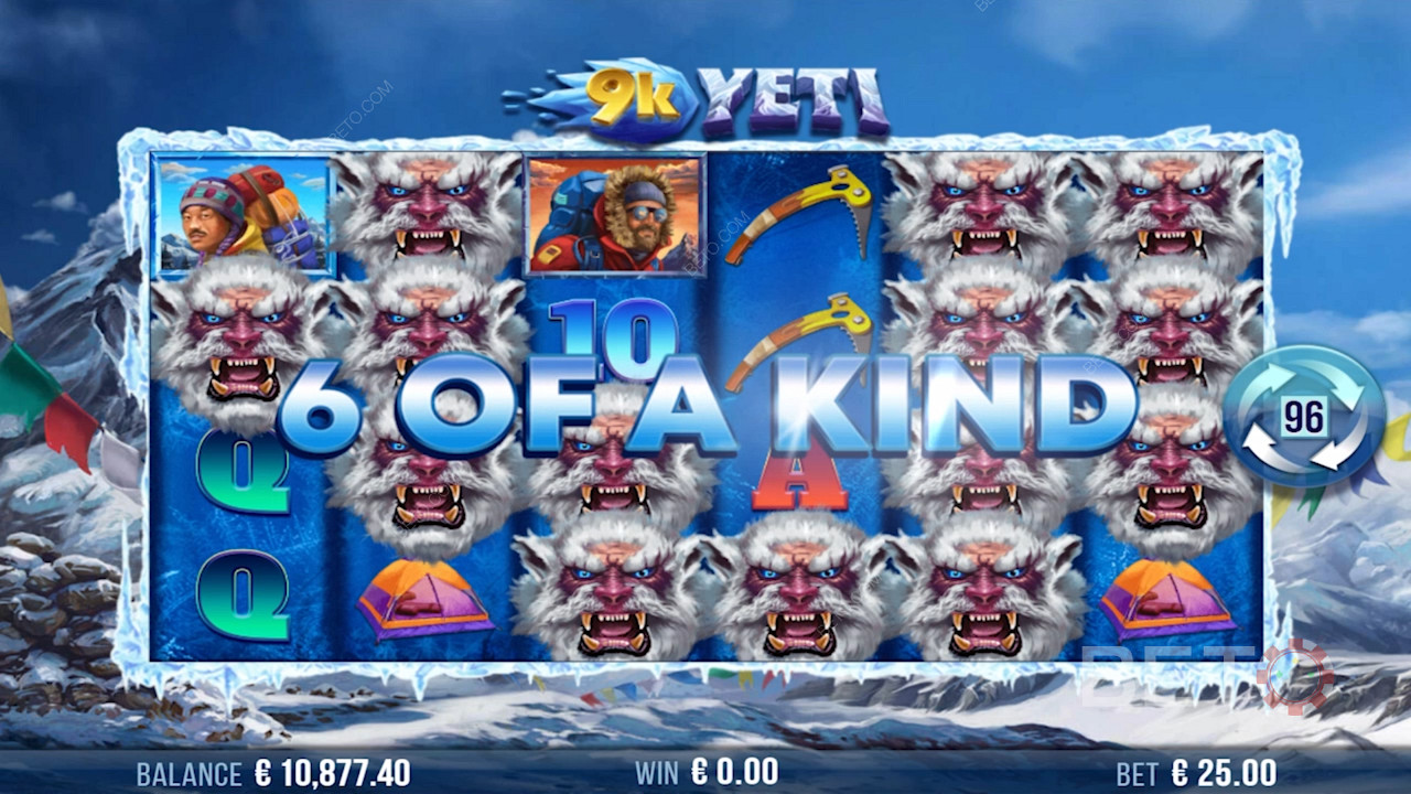 Выпадение комбинации из шести видов и крупный выигрыш в онлайн-слоте 9k Yeti