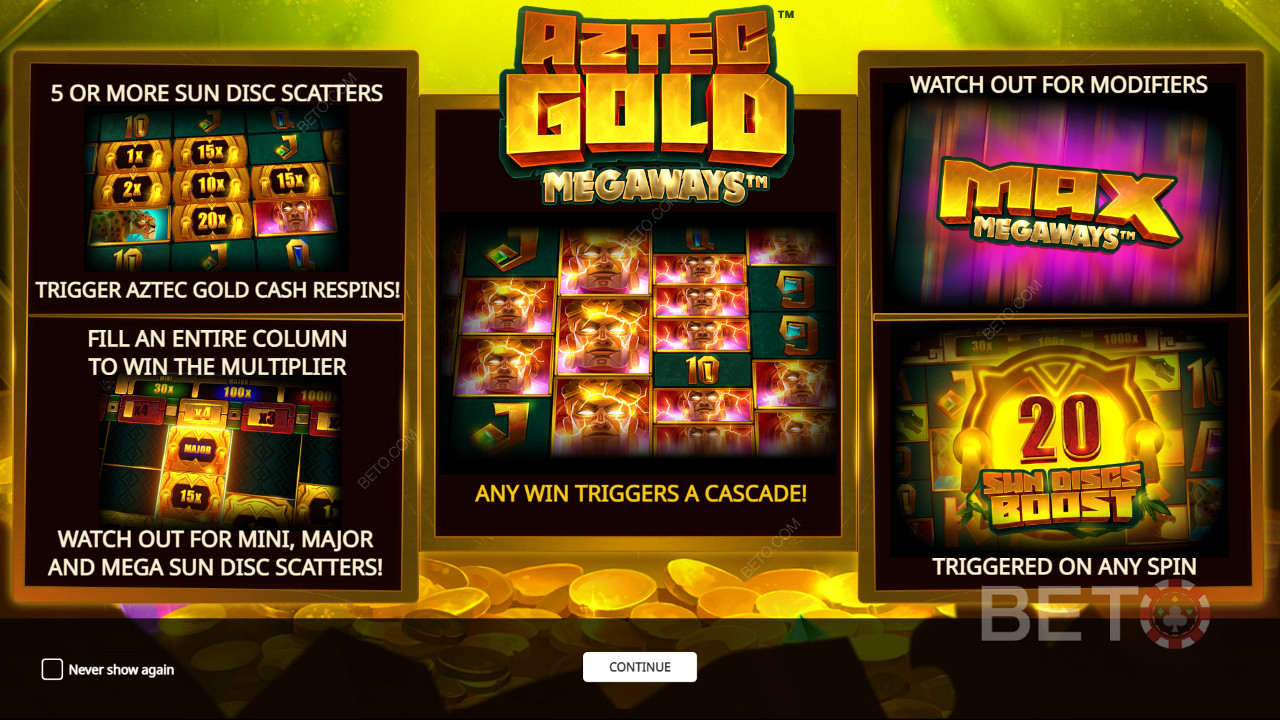 Насладитесь несколькими мощными бонусными функциями в игровом автомате Aztec Gold Megaways