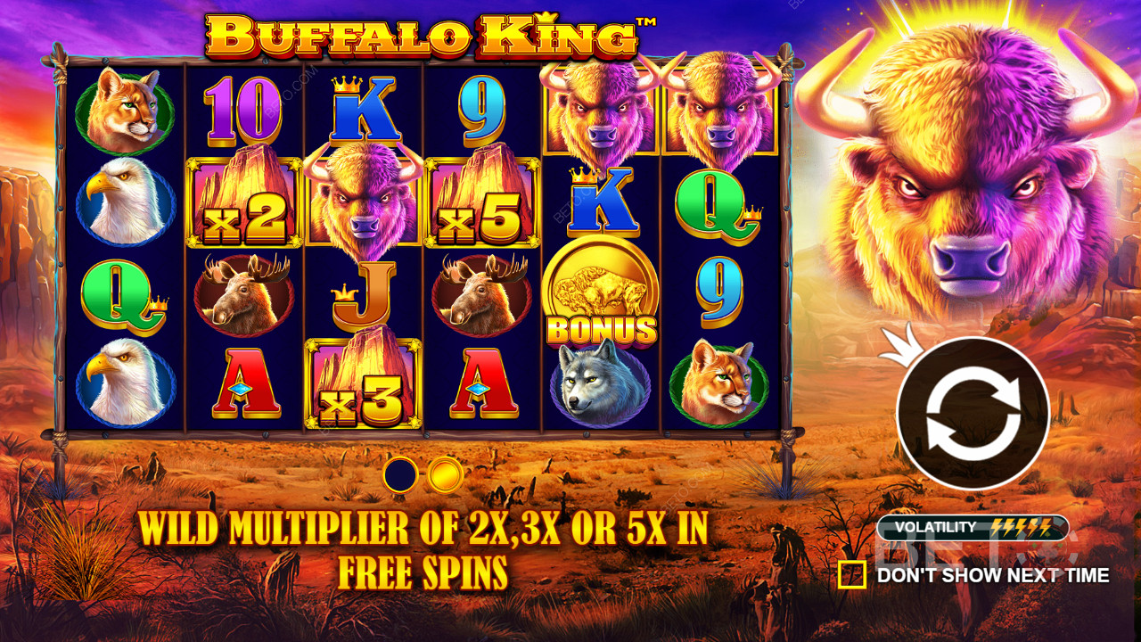 Все Дикие символы могут иметь эффект множителя 2x, 3x или 5x в игре Buffalo King