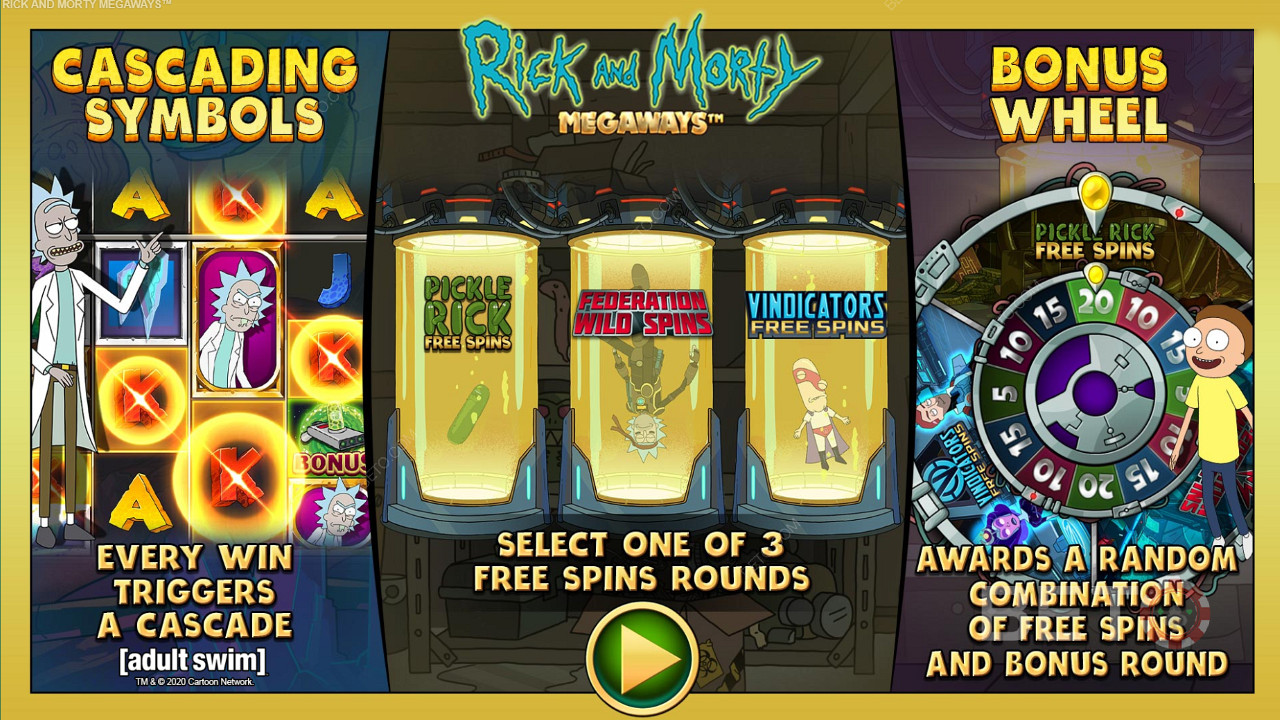 Наслаждайтесь тремя различными типами бесплатных вращений в игровом автомате Rick and Morty Megaways.