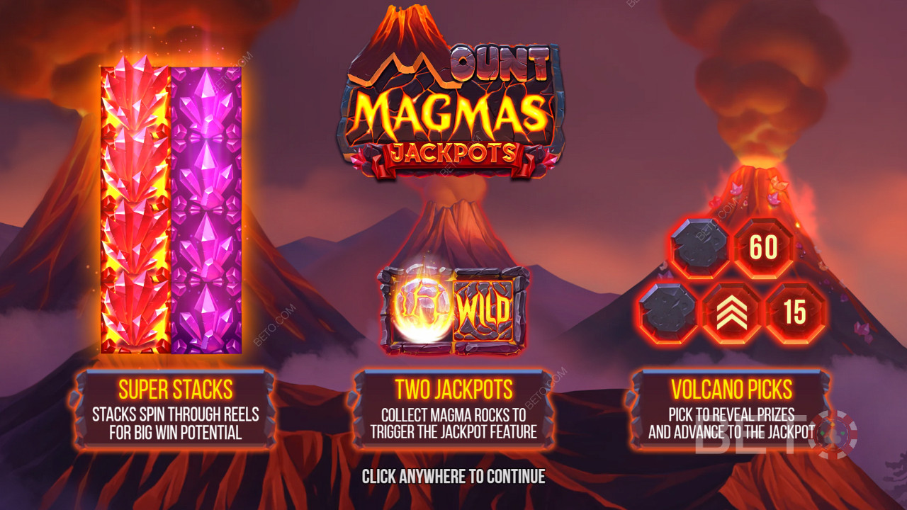 Наслаждайтесь супер-стеками, 2 джекпотами и бонусной функцией "Вулкан" в слоте Mount Magmas