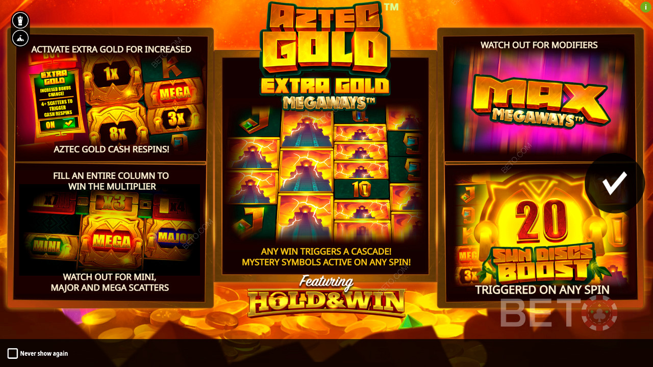 Наслаждайтесь многочисленными бонусными функциями в слоте Aztec Gold Extra Gold Megaways