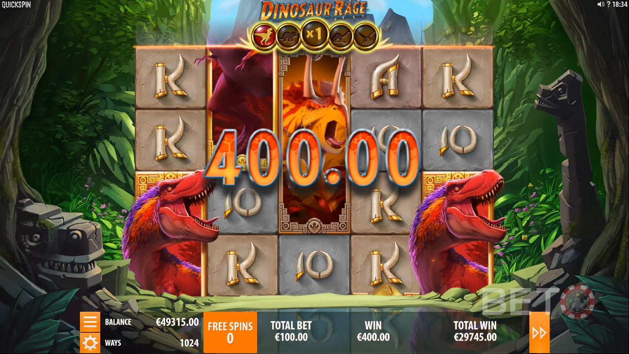 Выигрыш в размере 400 монет в игровом автомате Dinosaur Rage Slot Machine