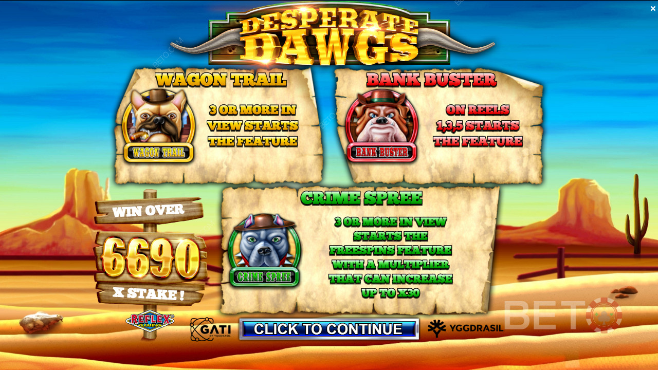 Наслаждайтесь тремя мощными функциями, включая бесплатные вращения, в игровом автомате Desperate Dawgs.