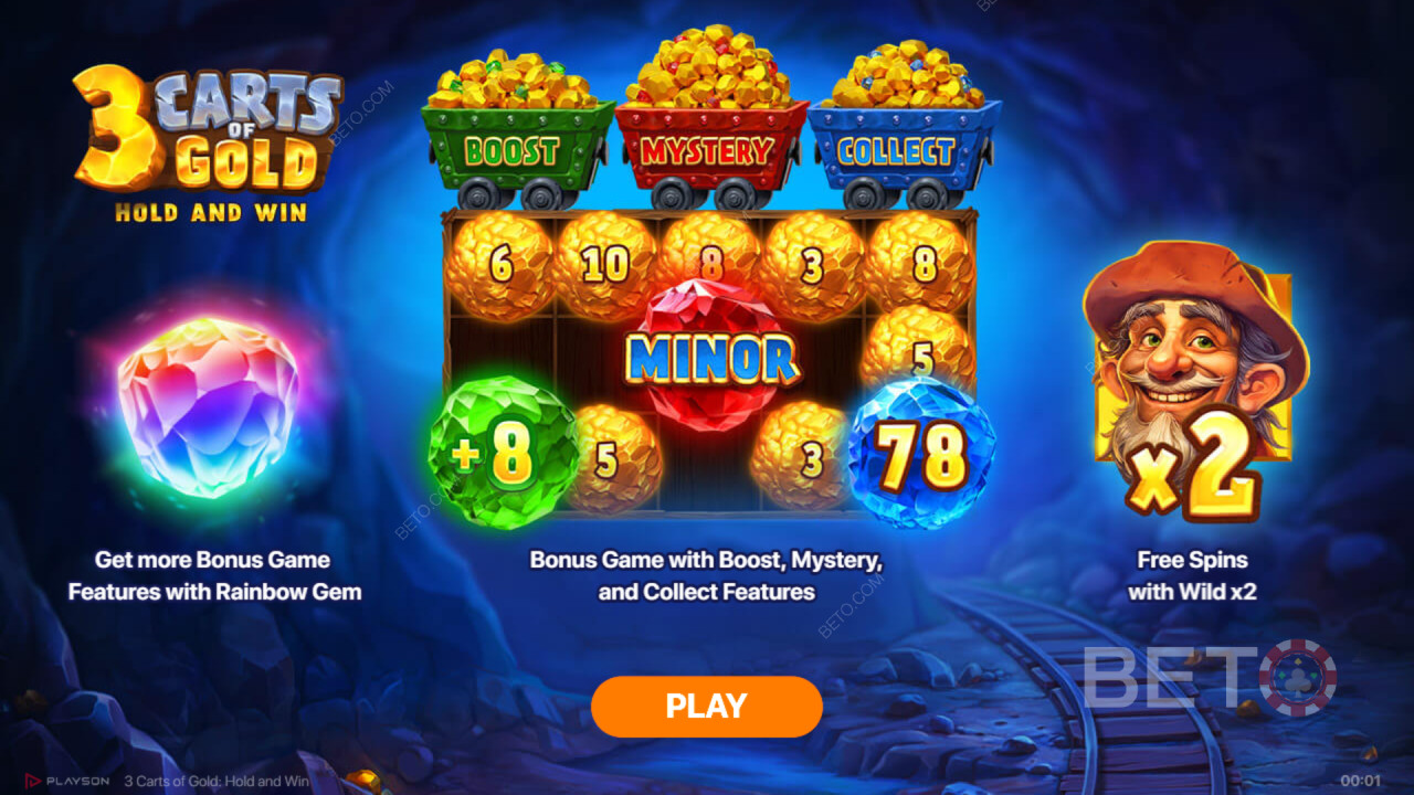 Бонусные функции, объясняемые в игре 3 Carts of Gold: Hold and Win by Playson