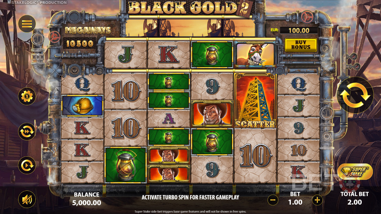 Высадите 3 или более одинаковых символов, чтобы выиграть в онлайн-слоте Black Gold 2 Megaways