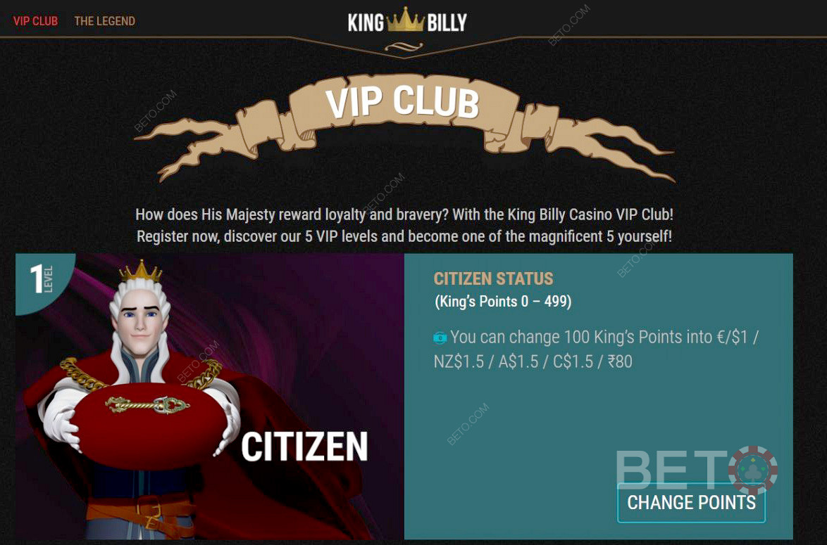 Начните с уровня Гражданина VIP-клуба Короля Билли