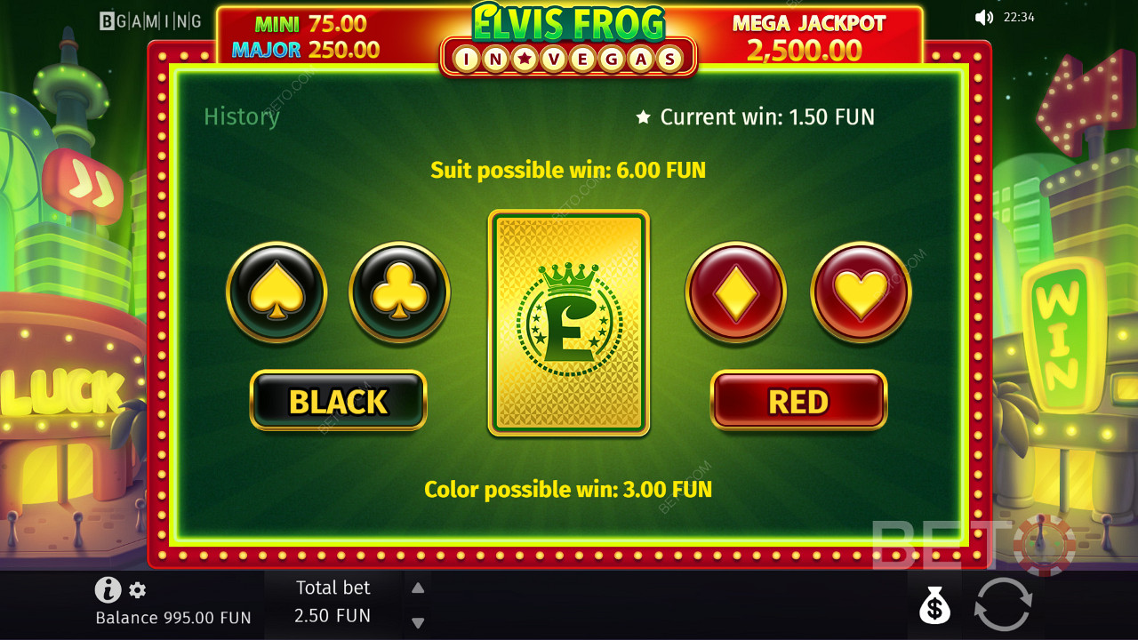 Угадайте правильный цвет/масть, чтобы удвоить/четверить свой выигрыш с помощью "Gamble".