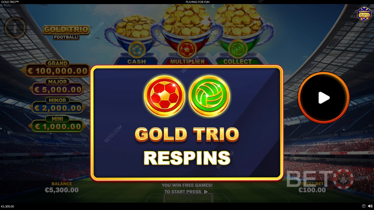 Бонусные функции в игре Gold Trio: Футбол! Playtech