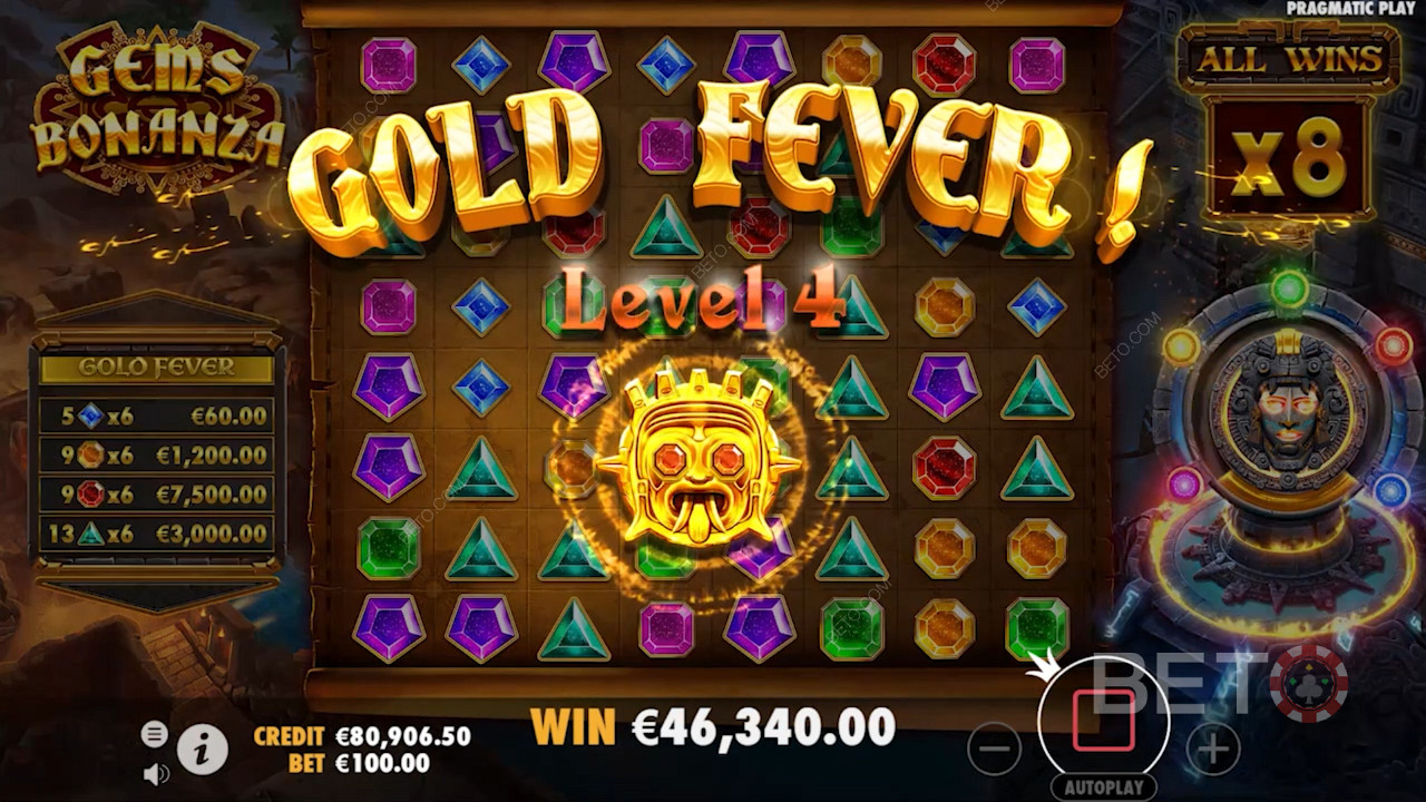 Соберите не менее 114 выигрышных символов, чтобы открыть бонусы Gold Fever Progressive