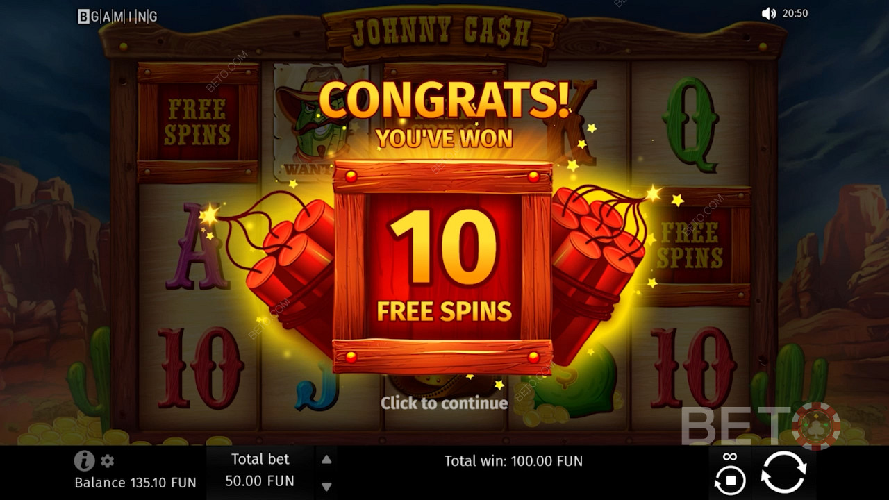 Выигрыш призовых бесплатных вращений в игре Johnny Cash