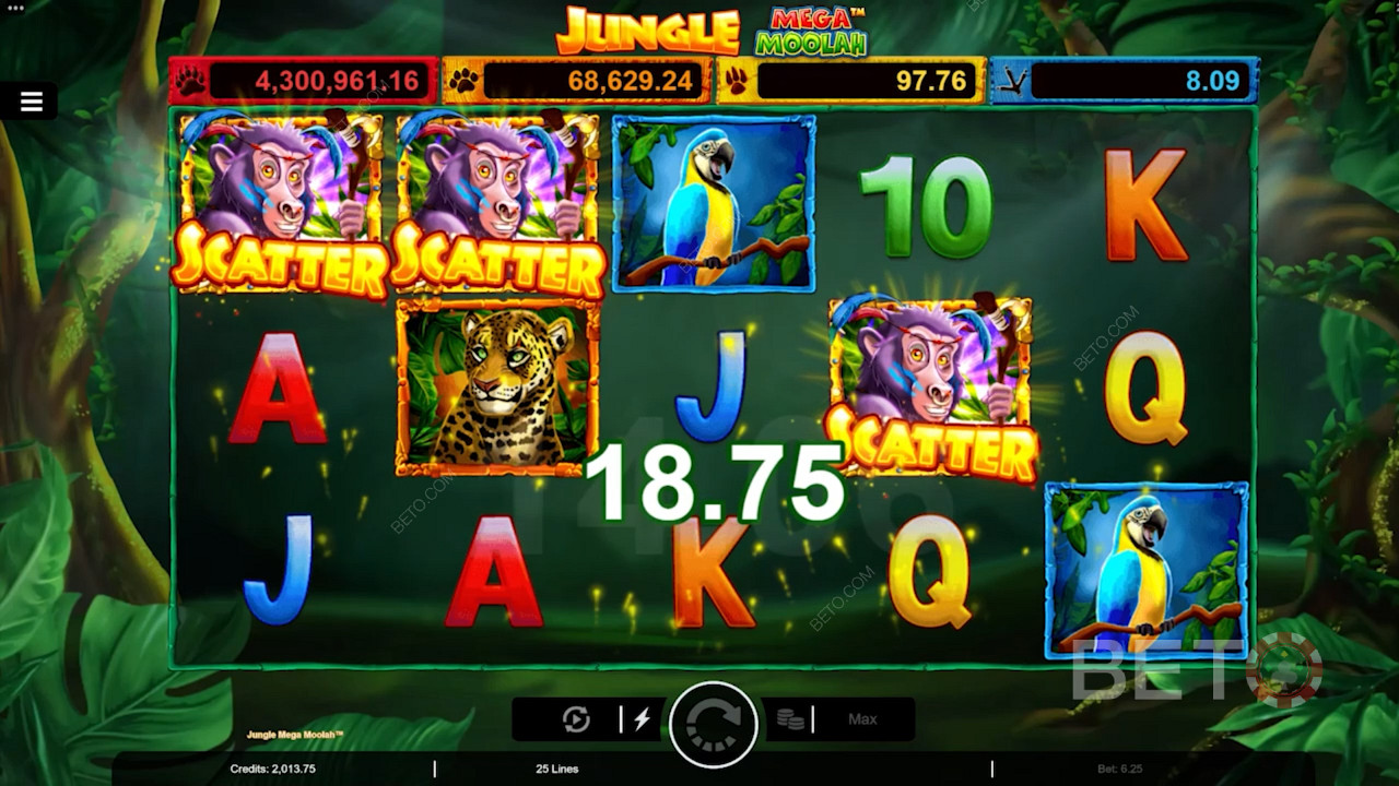 Высадите 3 обезьяны Scatter, чтобы запустить бесплатные вращения в онлайн-игре Jungle Mega Moolah.