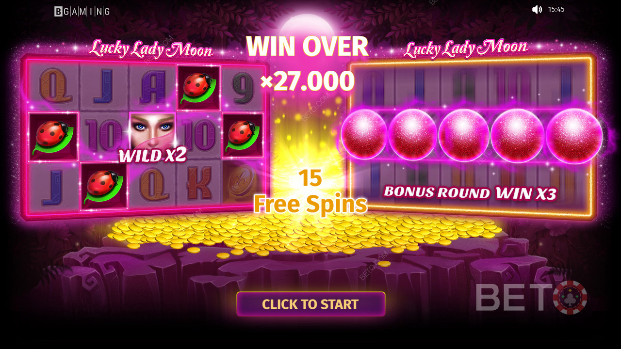 Продолжайте играть, чтобы выиграть призы, стоимость которых в слоте Lucky Lady Moon может в 27 000 раз превышать ставку.