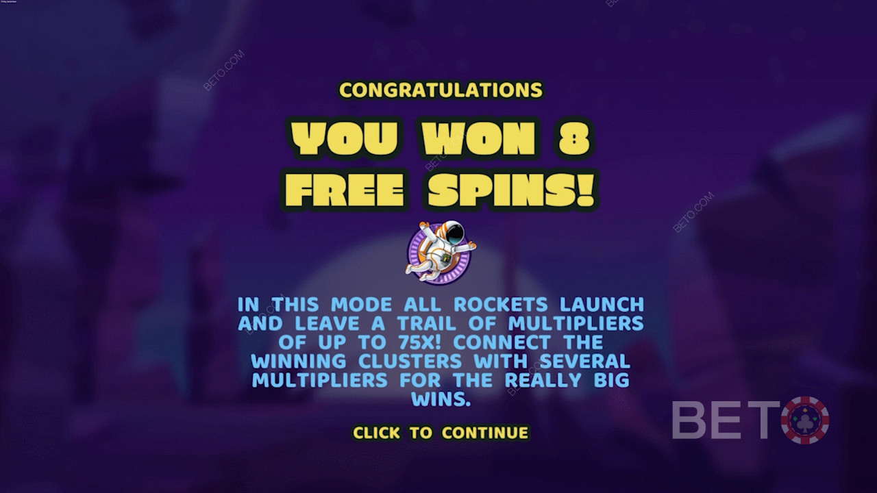При выпадении 3 символов Spaceman запускается режим игры Free Spins в этом игровом автомате