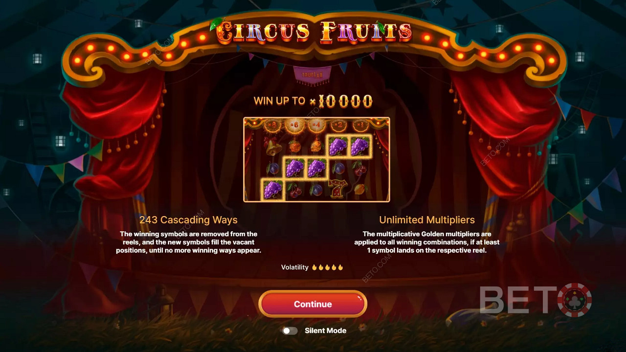 Вступительный экран в тематическом стиле Circus Fruits