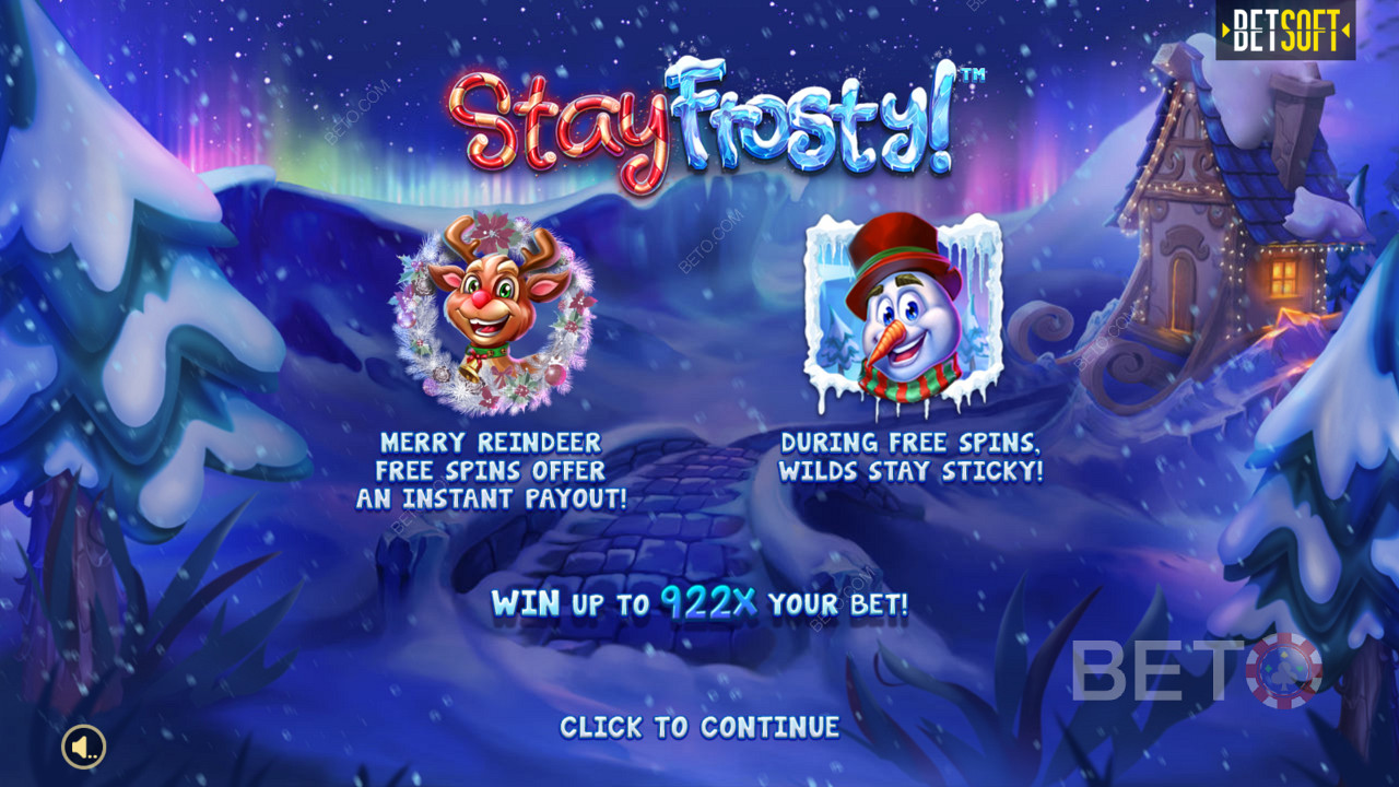 Вступительный экран в игре Stay Frosty! Merry Reindeer Free Spins & Max Win of 922x your bet!