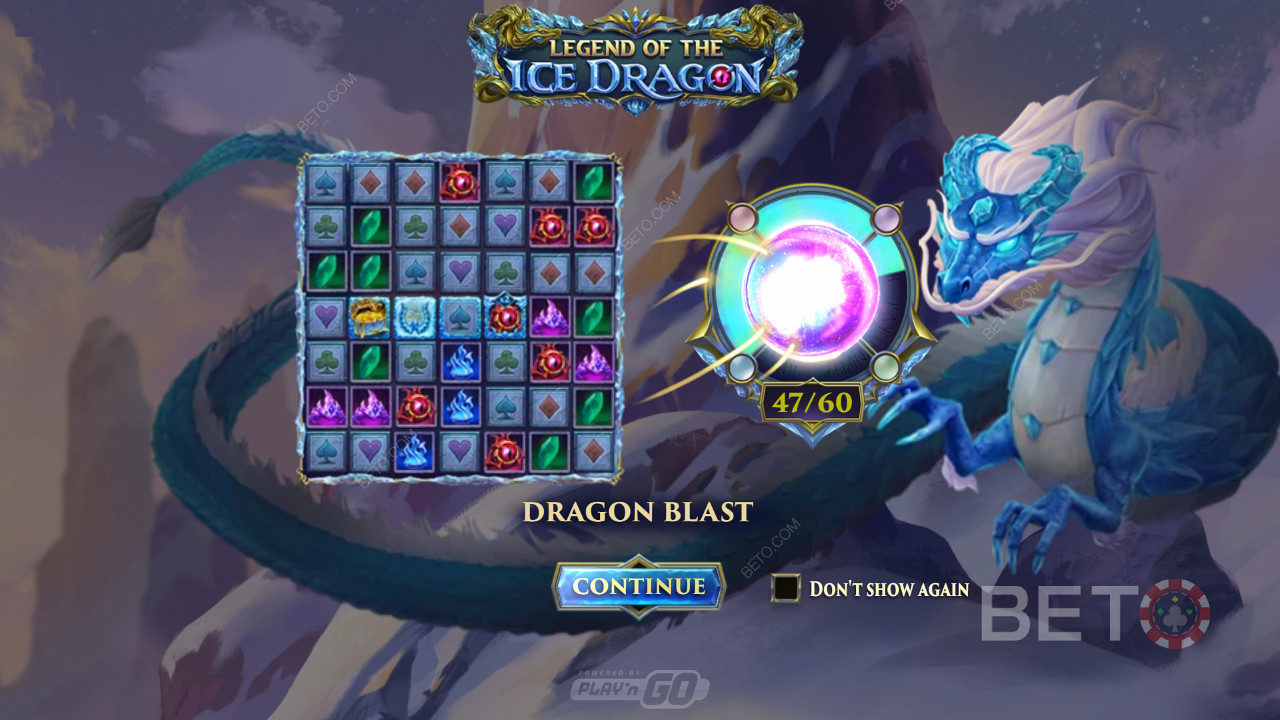 Запуск нескольких мощных функций, таких как Dragon Blast в слоте Legend of the Ice Dragon