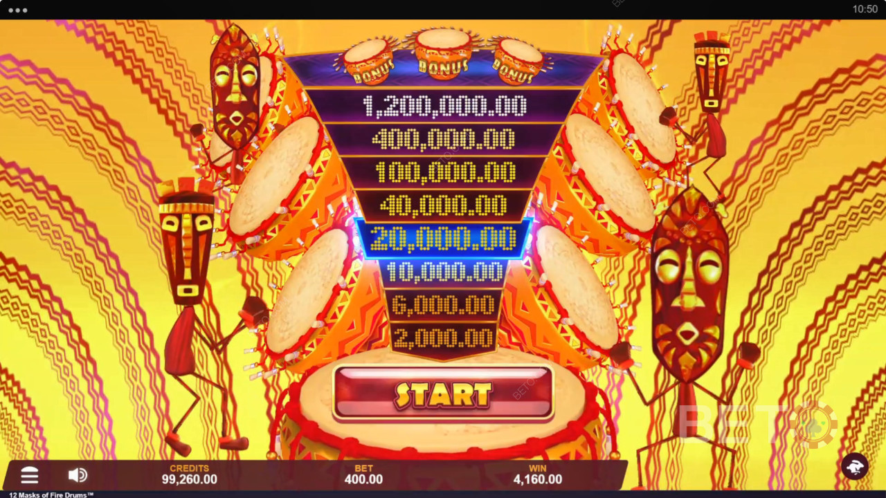 Выиграйте 3,125x вашу ставку в игровом автомате 12 Масок Огненных Барабанов!