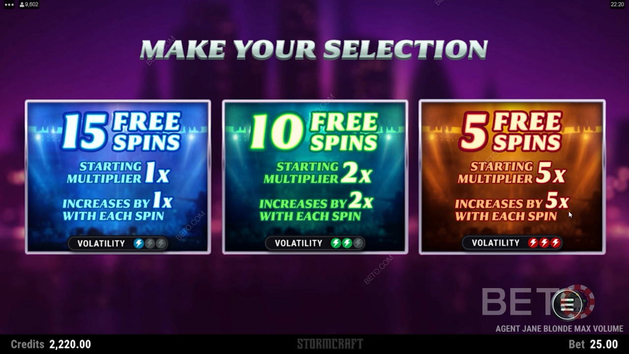 Активируйте бонусную игру и выберите между 3 бесплатными вращениями и бонусами с множителями