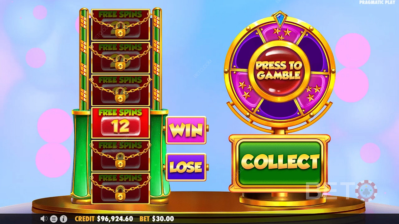 Вращайте колесо в функции Gamble Feature, чтобы разблокировать бонусные Free Spins