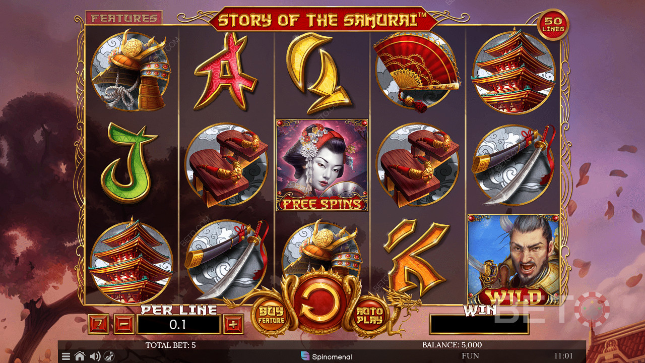 Вы можете нажать на функцию "Купить", чтобы приобрести бесплатные вращения в игровом автомате Story of The Samurai