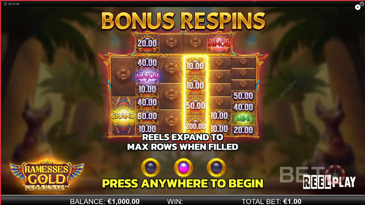 Бонусные функции, объясненные в Ramesses Gold Megaways by Reel Play