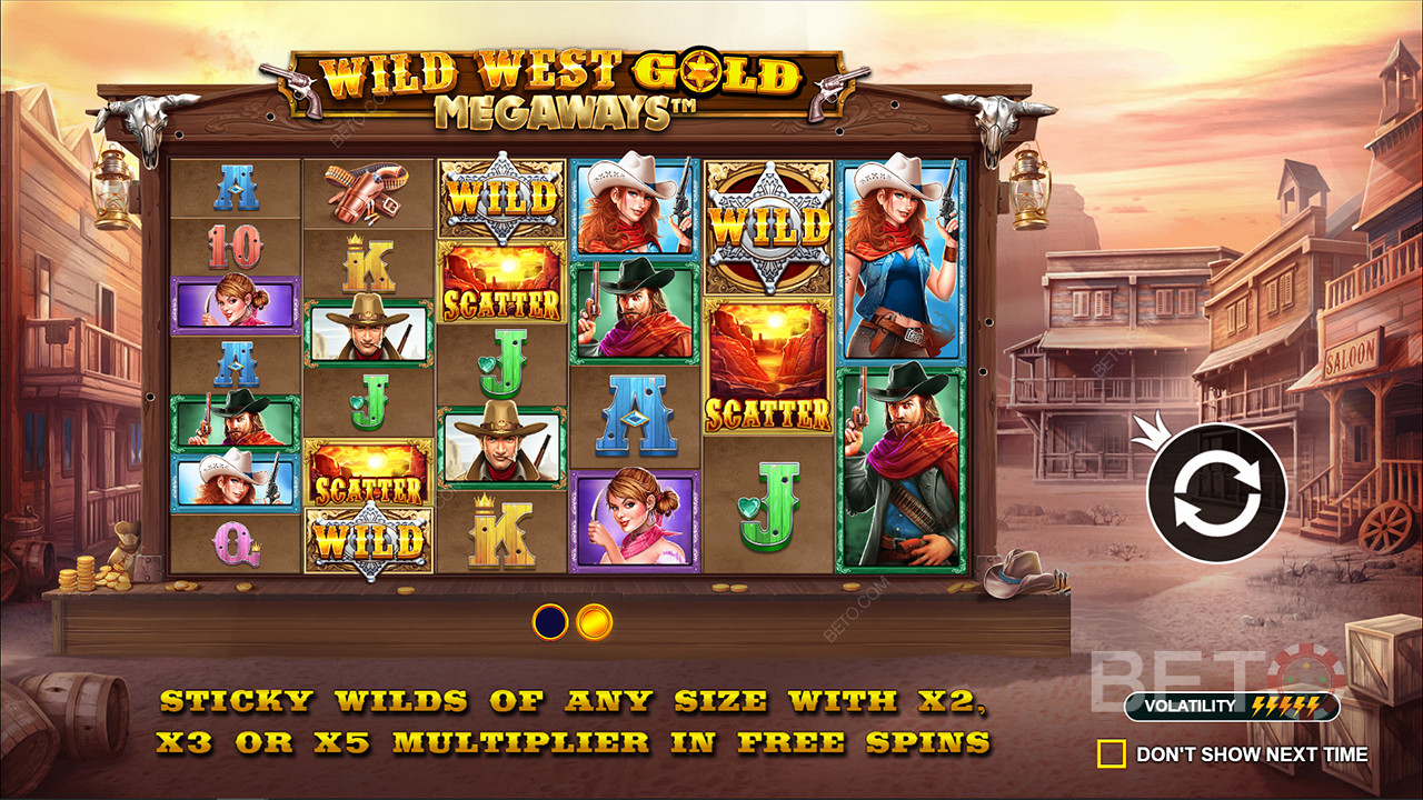 Липкие вайлды с множителями до 5x есть в слоте Wild West Gold Megaways.