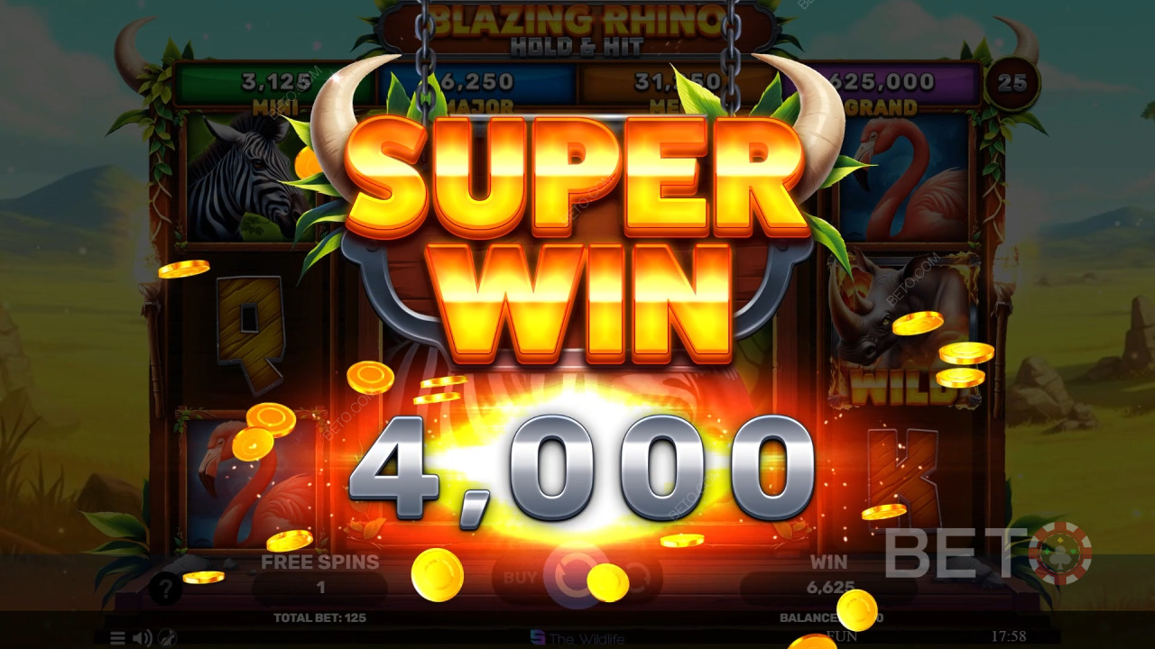 Бонусные функции, объясненные в Blazing Rhino Hold & Hit by Spinomenal