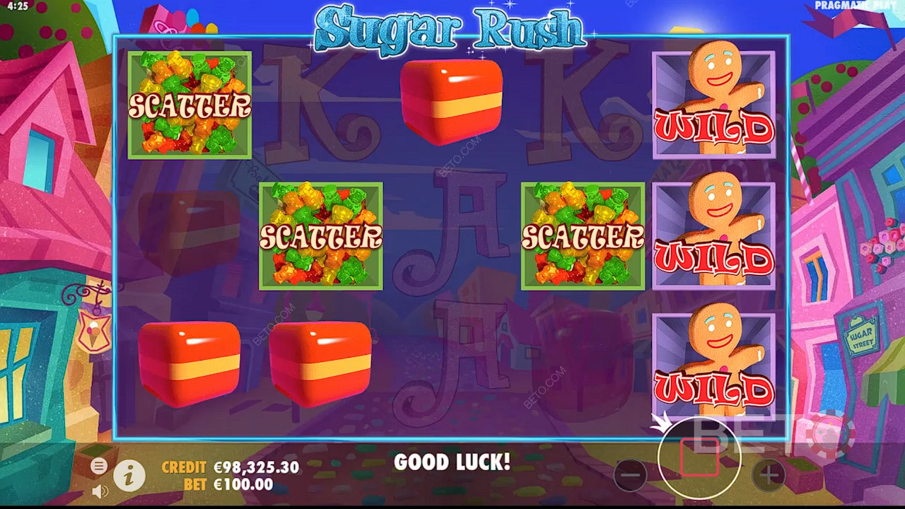 Бесплатные вращения активируются при выпадении не менее 3 скаттеров в слот-игре Sugar Rush