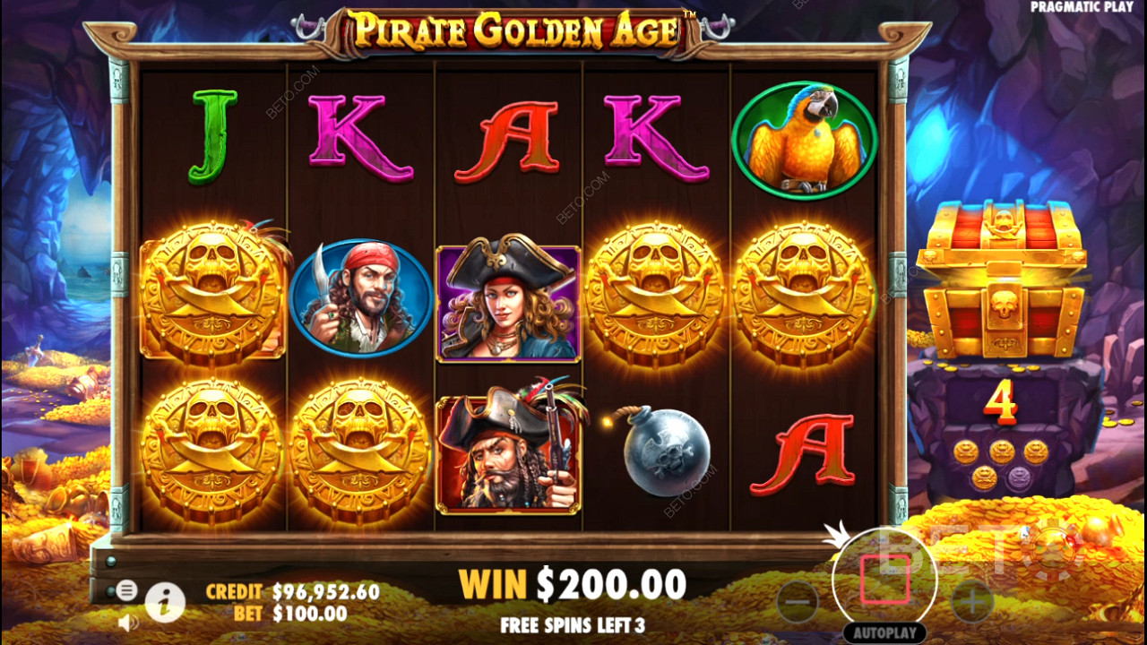 Загадочные символы часто появляются во время бесплатных вращений в онлайн слоте Pirate Golden Age