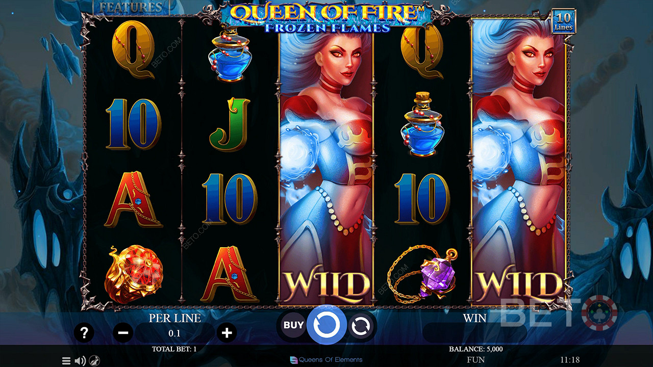Наслаждайтесь расширяющимися вайлдами в базовой игре в слоте Queen of Fire - Frozen Flames